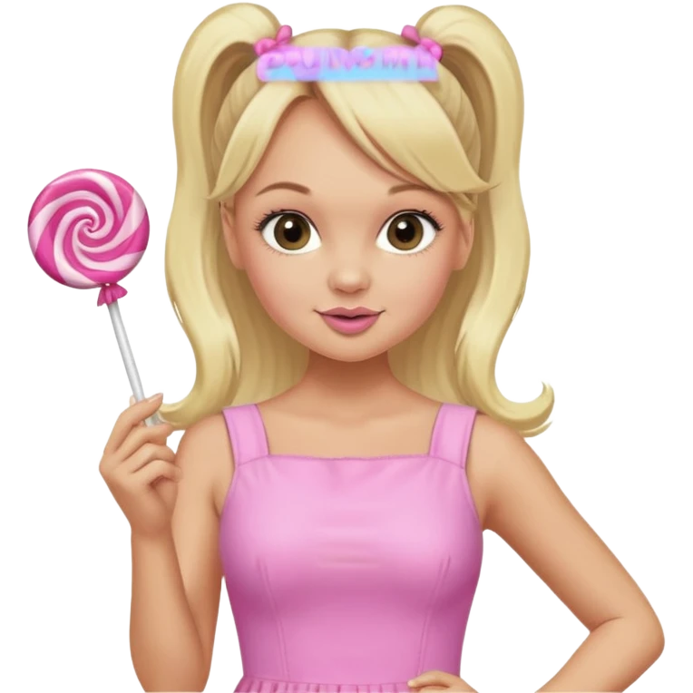 Emma Bunton with long blonde ponytails wearing light pink body dress holding a lollipop emoji