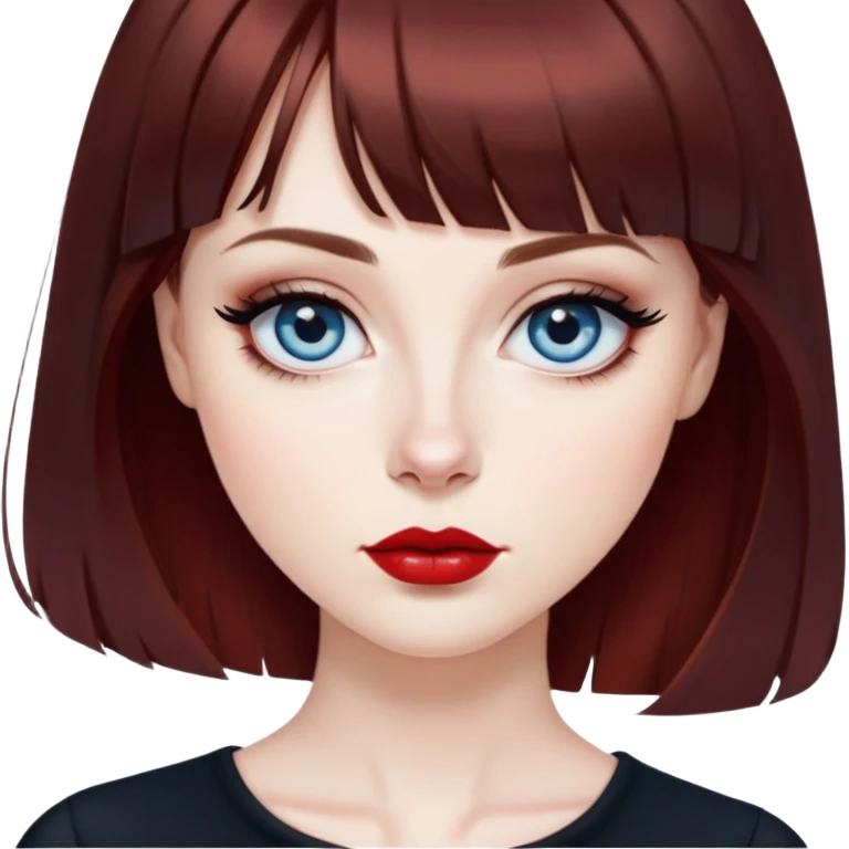 Artistic woman with pale skin, oval face, large blue eyes with eyeliner, thin eyebrows, small nose, red lipstick, dark auburn hair with bangs and slight waves, wearing a stylish black top, creative expression emoji