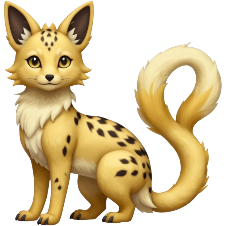 Shiny whitish golden brown fluffy furry hyper realistic lifelike beautiful pretty soft beige Goldilocks cream-colored Celestial Salandit-Umbreon-Genet-Noivern-Noibat-Serval-Hybrid (Full body) emoji