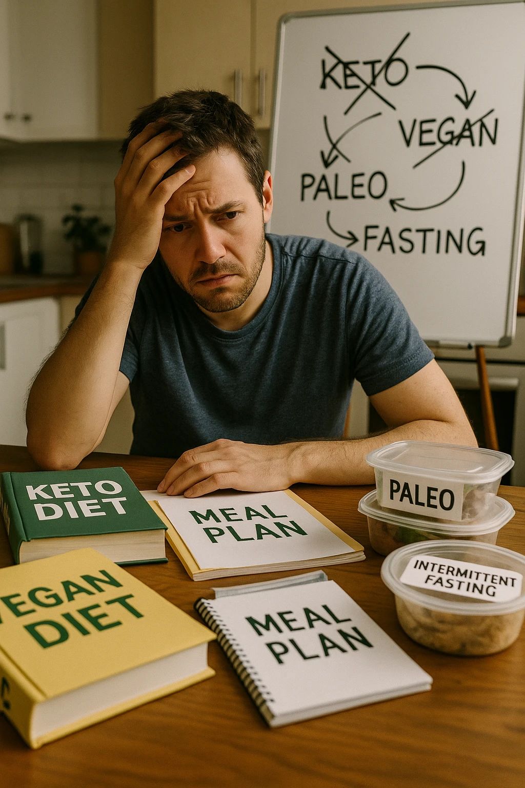 Confused man in his 30s sitting at a kitchen table cluttered with various diet books, meal plans, and food containers labeled keto, vegan, paleo, intermittent fasting. He holds his head with one hand, looking overwhelmed and frustrated. The background shows a whiteboard full of crossed-out diet names and arrows going in circles. Expression: mental fatigue, indecision, information overload. Soft lighting, slight mess to emphasize his struggle. emoji