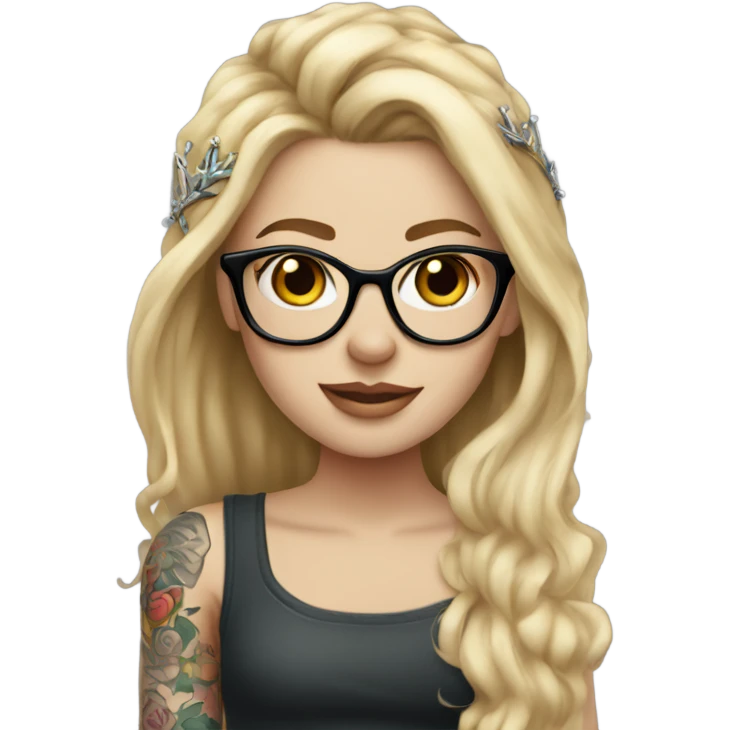 beautiful white girl with tattoos, wearing a crown and glasses with long blond hair  emoji