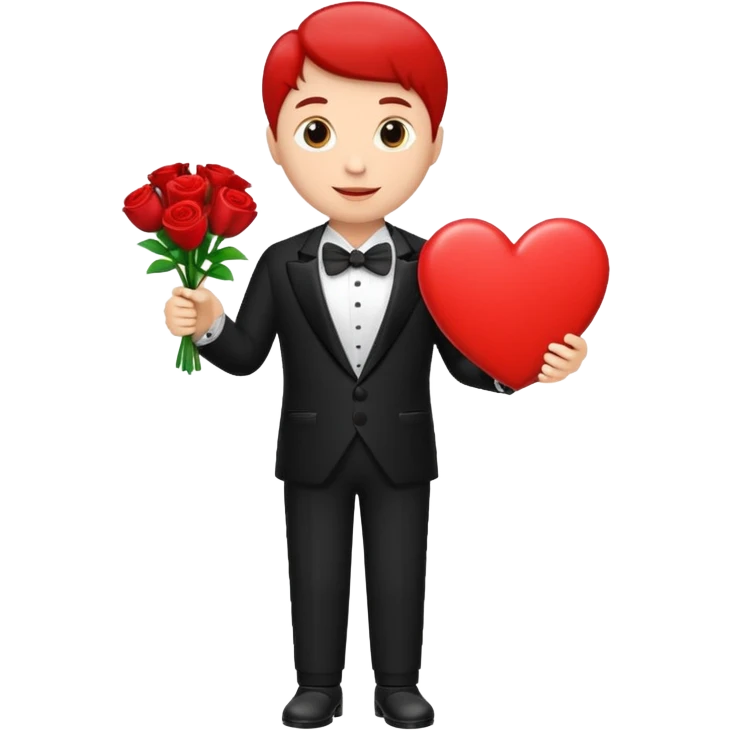a big red heart wearing a tuxedo giving flowers and chocolates  emoji