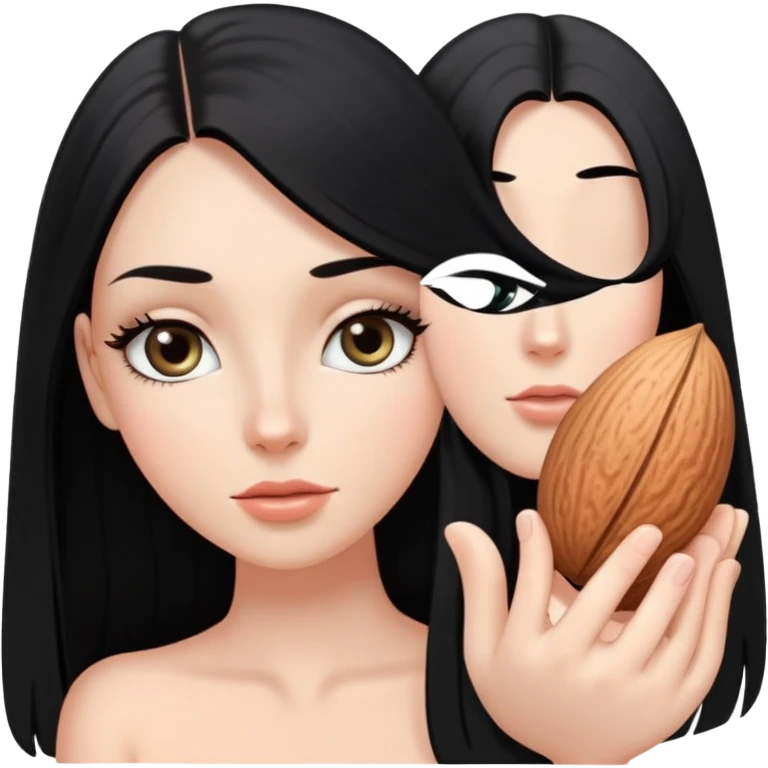 White girl with long oval shaped face, large almond shaped eyes with long eyelashes, long straight black hair falling in front of her bare shoulders, face closeup emoji