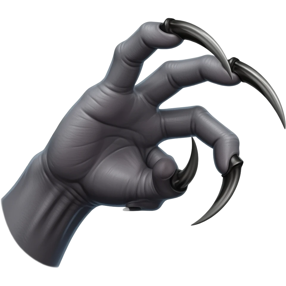 Long dark Demonic hand with sharp claws. Make the hand reach out to attack and slash towards the right of the image violently. Shift the perspective to a side profile to show the curvature and length of the claws more clearly. emoji