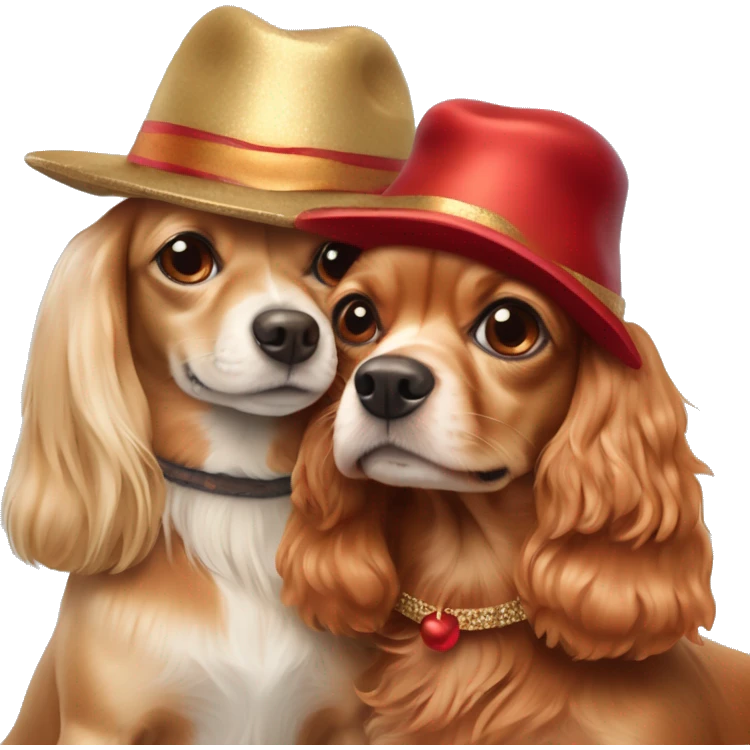 Two dogs hugging each other full-length. One is a long-haired beige Chihuahua with red strands and protruding ears. The second is a red cocker spaniel. They are both wearing New Year's hats, the cocker is bigger than the Chihuahua. emoji