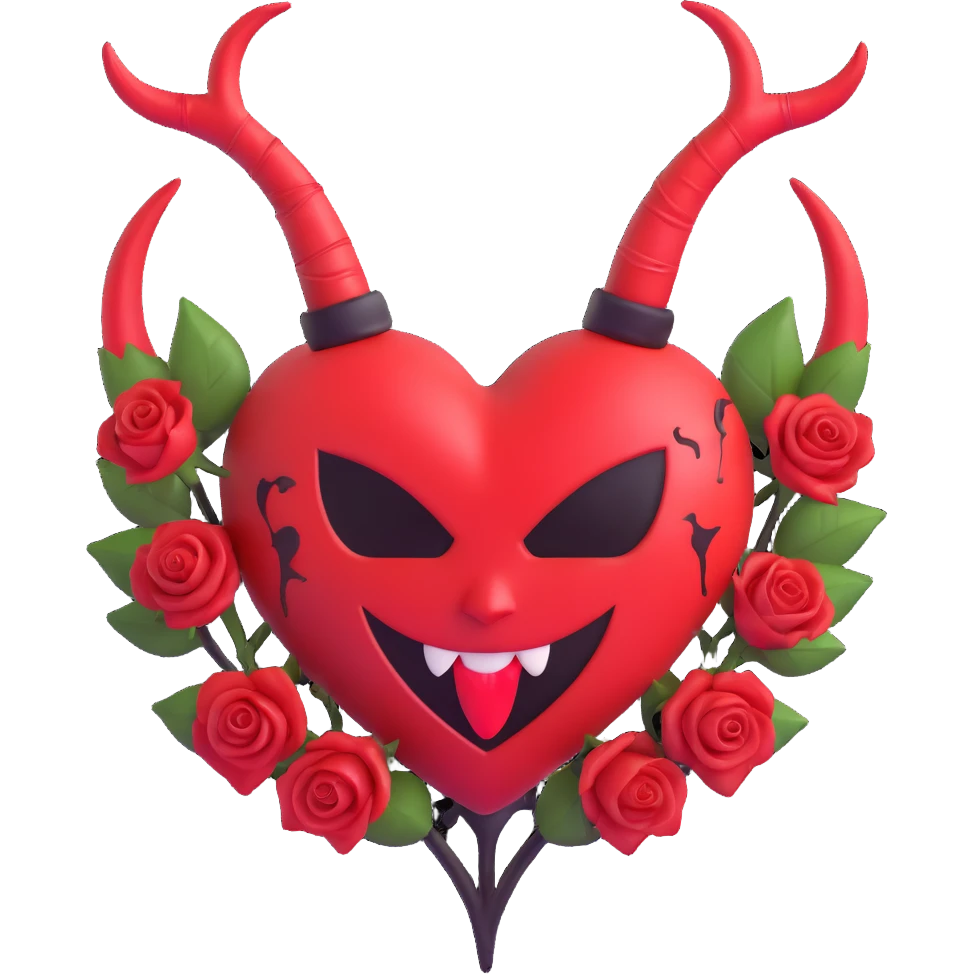 3D emoji devil heart, amethyst glass, small devil horns, forked tail, black roses at the base, crescent moon in background, stardust, stormy rain, fractured glass, blood splatter effect emoji