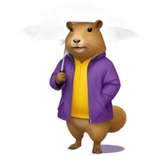 Capybara wearing yellow rain jacket holding a purple umbrella emoji