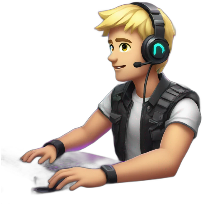 Blonde short hair Gamer guy with mic on mic arm sitting at desk with neon lights in gaming room environment emoji