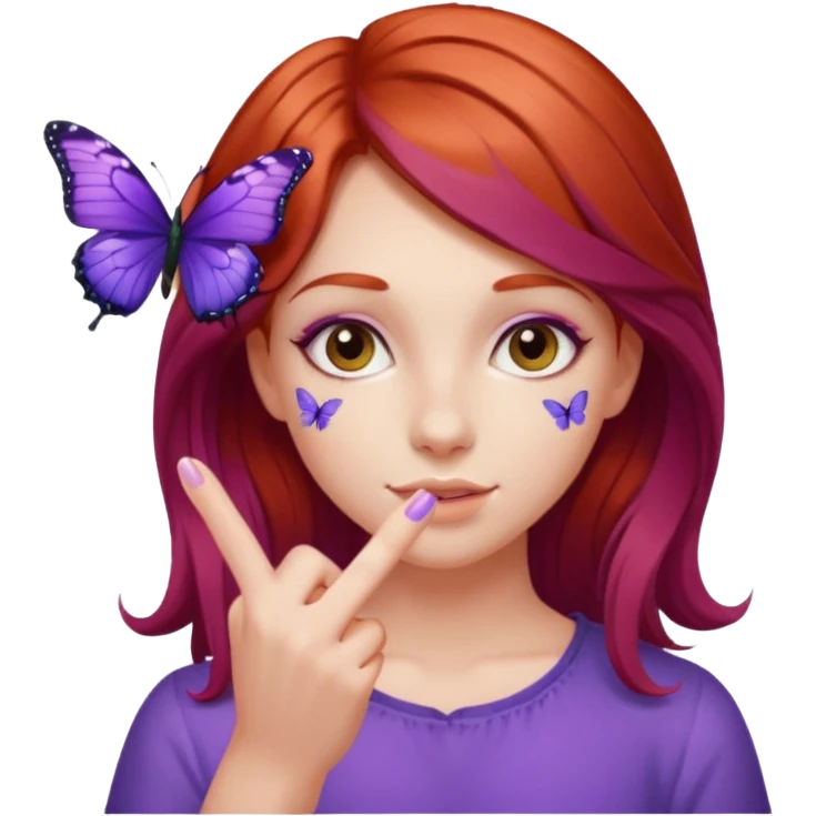 red haired girl finger holding purple butterfly emoji