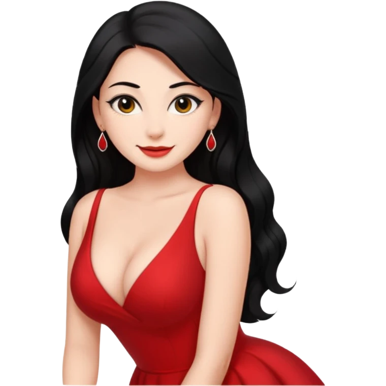 Chica súper joven y delgada pero con pechos grandes y  con delineado con vestido rojo escotado en la espalda y pelo largo negro, con sonrisa coqueta emoji