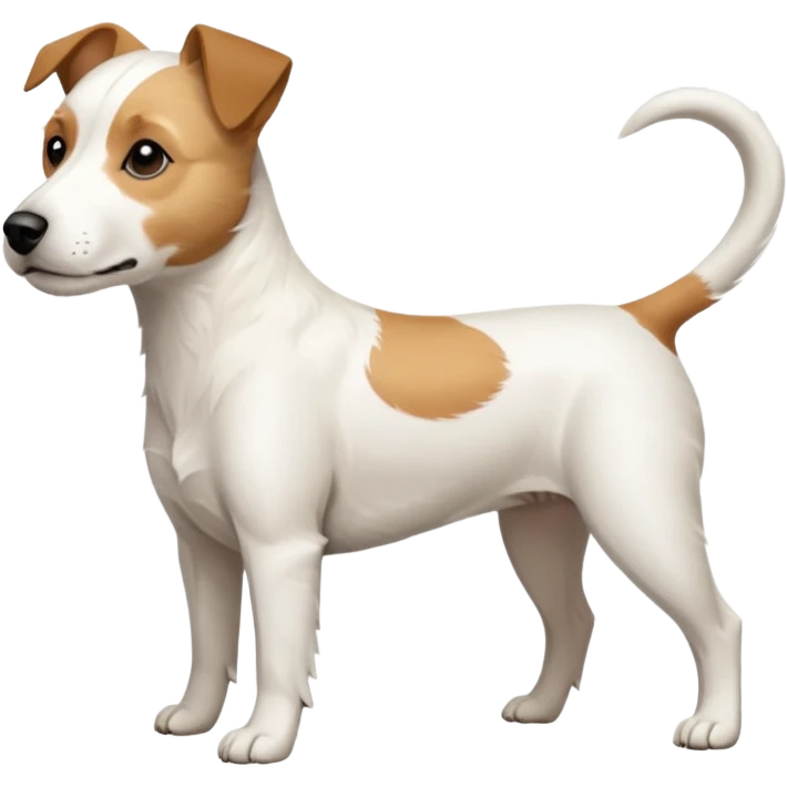 a full body facing front on of a buff white parson russell terrier looking dog the size of a kelpie with light brown long ears and a light brown patch on one eye and a large snout. the rest of the dog is completely white.  emoji