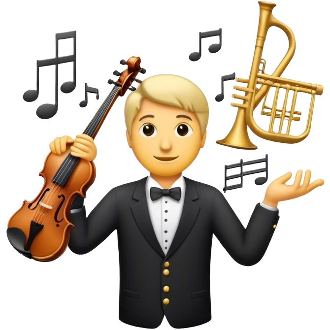 asian Create a sophisticated and elegant emoji that represents orchestration and arrangement. The design should feature a conductor’s baton, musical notes, and a symphonic score, symbolizing the process of arranging and orchestrating music. Incorporate instruments like a violin, trumpet,  emoji
