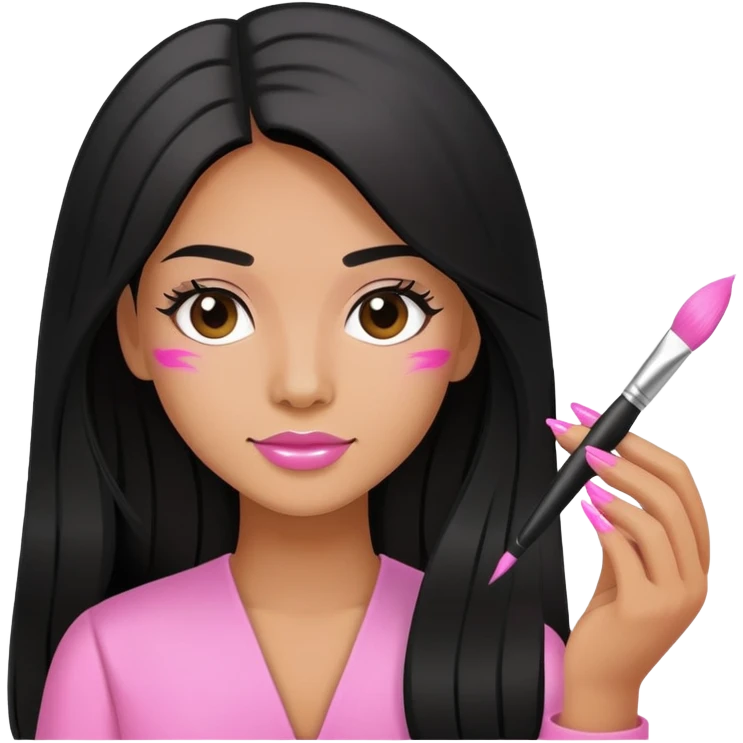 Pink Nail Tech with black long hair holding small acrylic brush emoji