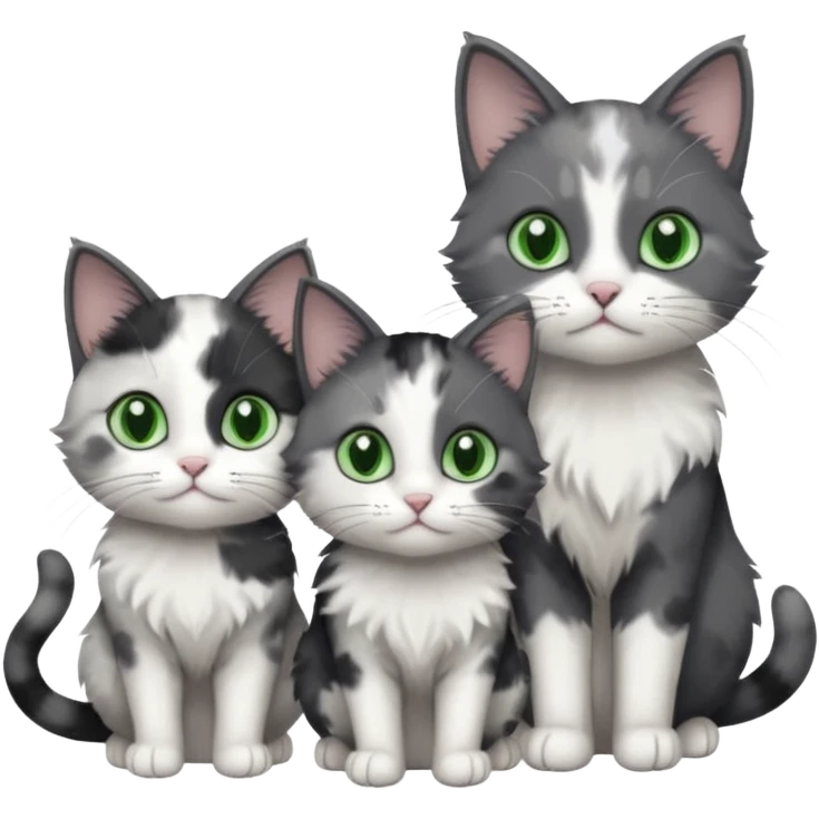 3 different coloured small cats including a dark grey and white, and a patchy calico and a completely solid dark grey with green eyes and only white paws\ emoji
