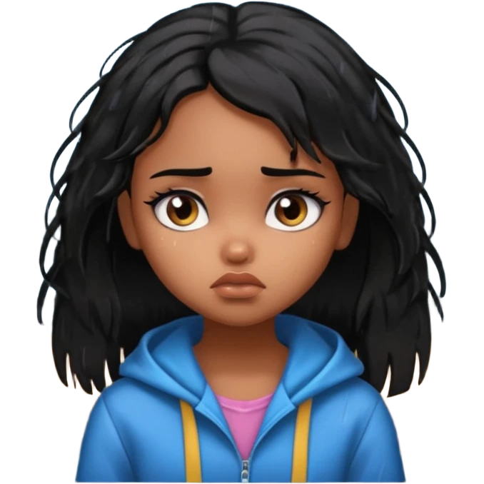 generate a pretty bratz brown skinned girl with messy black hair looking out of the rainy window, looking very sad emoji