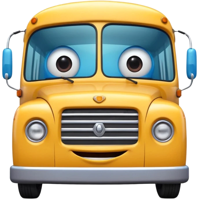 Front view of a bus with a cheerful smiling face, expressive eyes integrated into the windshield, glossy 3D animation style, Pixar-inspired, vibrant colors, soft shadows, cinematic lighting, ultra detailed, 4k render emoji