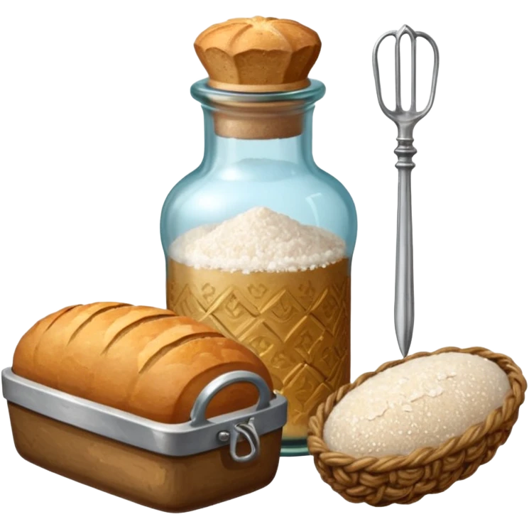 a one victorian bottle of salt and a loaf of bread - crochet needles and a ball of wool emoji