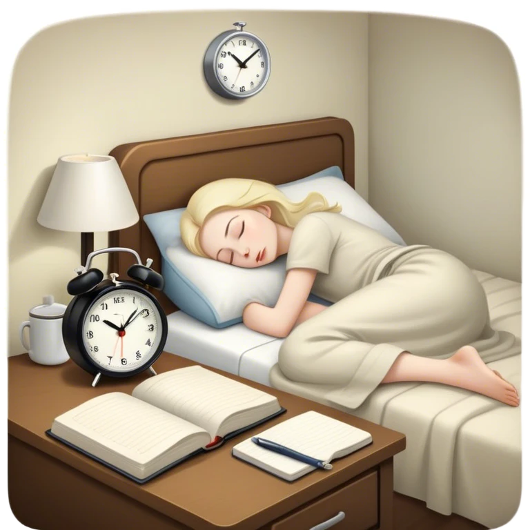 A dimly lit bedroom with a person sleeping. On a nightstand, there's  there’s a small alarm clock and a closed journal. In the background, a clean and tidy kitchen is visible, symbolizing a fresh start for the morning. preparation. emoji