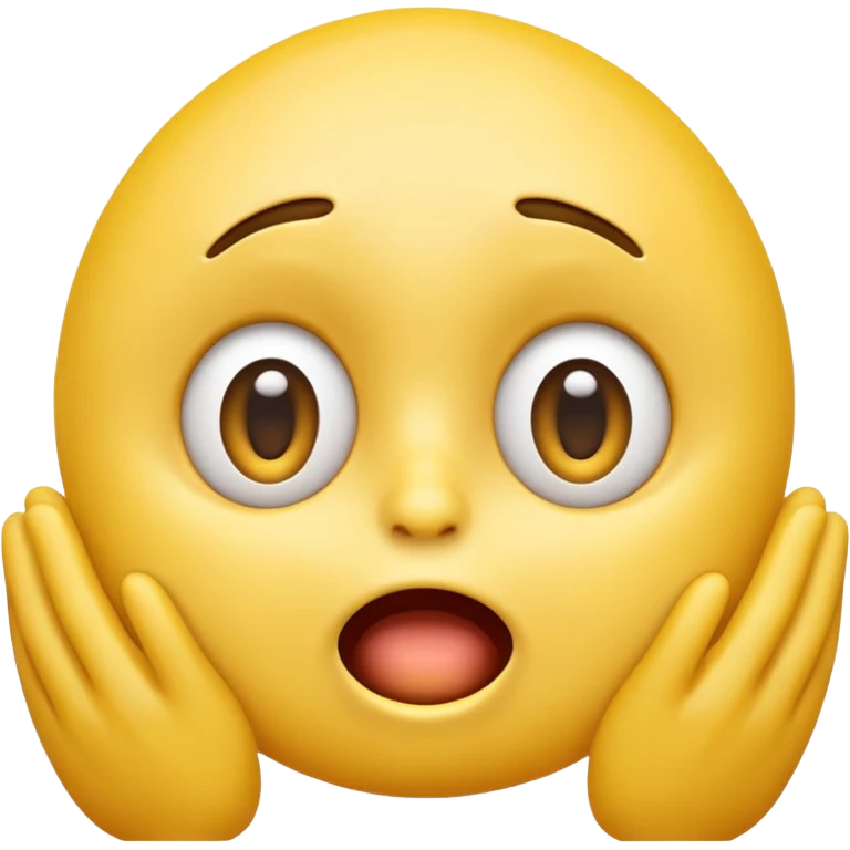 A 3D glossy yellow emoji face with a horrified expression, only large wide-open eyes, wide-open mouth, raised eyebrows, no nose, hands against its cheeks, vector style, black background, high quality, soft studio lighting emoji