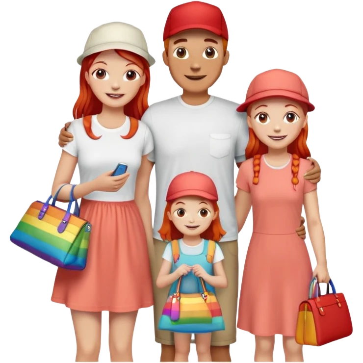 A happy family of four - father in white t-shirt and cap, mother with red hair in coral dress, young daughter in matching dress with rainbow handbag, teenage son in light embroidered shirt, all smiling together emoji