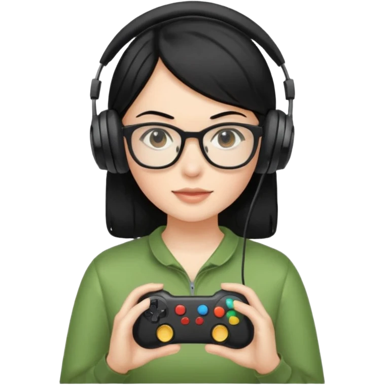 
gamer, woman shiny black hair no eyebrows with glasses, headphone, gamepad emoji