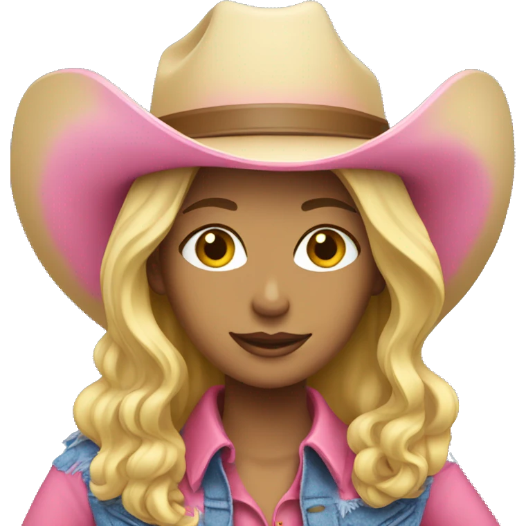 blonde lady with blue background and pink cowboy hat emoji