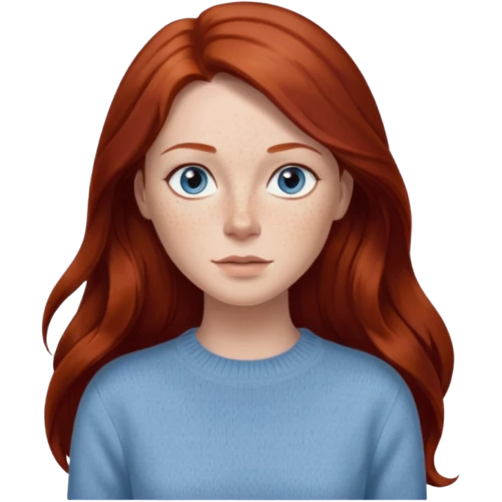 woman with long dark auburn red hair that is mostly straight but has slight waves to it. grey blue eyes. some freckles. wearing a Swedish style sweater that is neutral. the image on the right is closer emoji