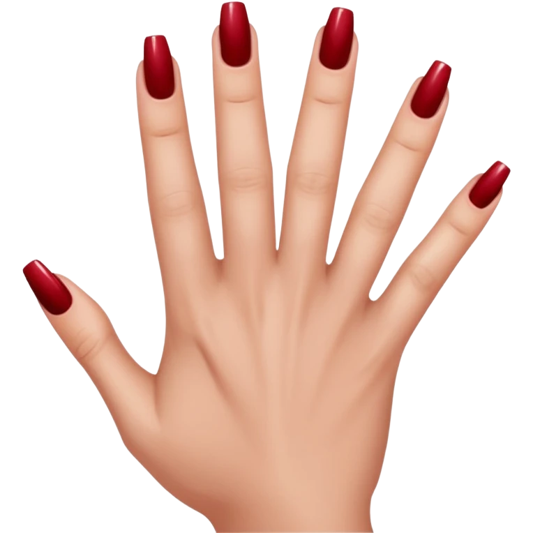 close-up of a left hand of a woman showing 3-4 fingernails out of five, painted in dark red nail polish, glossy finish, deep saturated red, smooth gradient, minimal details, clean and shiny
 emoji