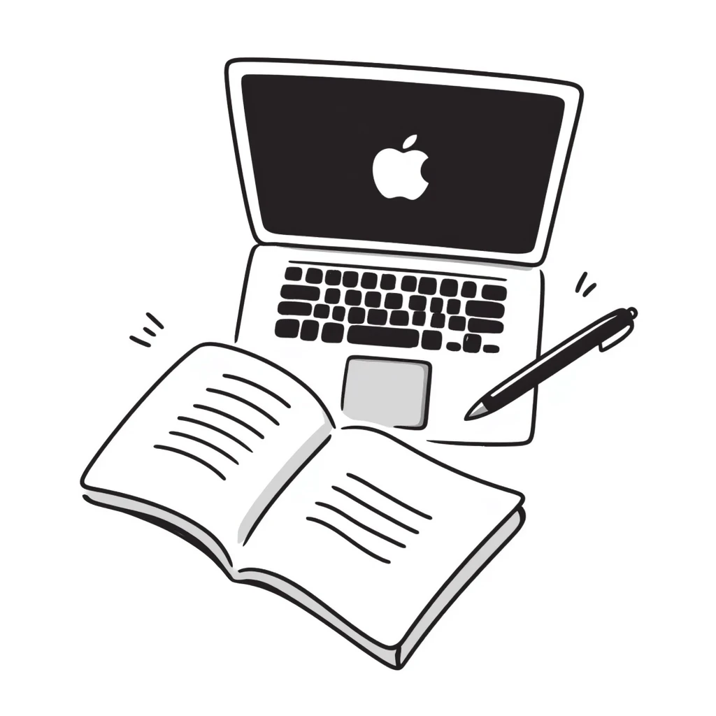 top view of a MacBook and a notebook with a pen nearby, notebook with visible notes emoji