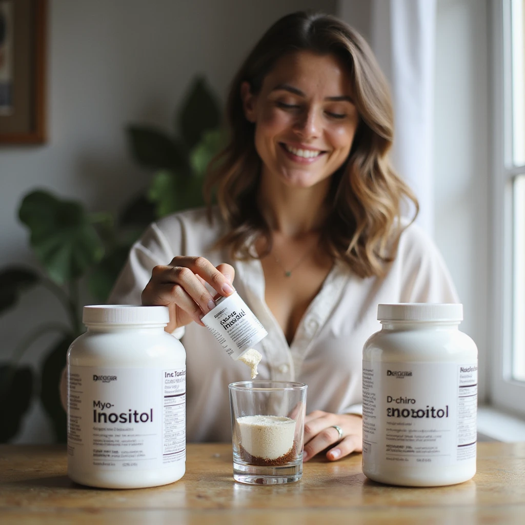 realistic smiling woman in a home environment, customizing the use of Myo-Inositol and D-chiro-Inositol: two distinct packages with visible labels, dosing or mixing powders in a glass, positive atmosphere, natural light emoji