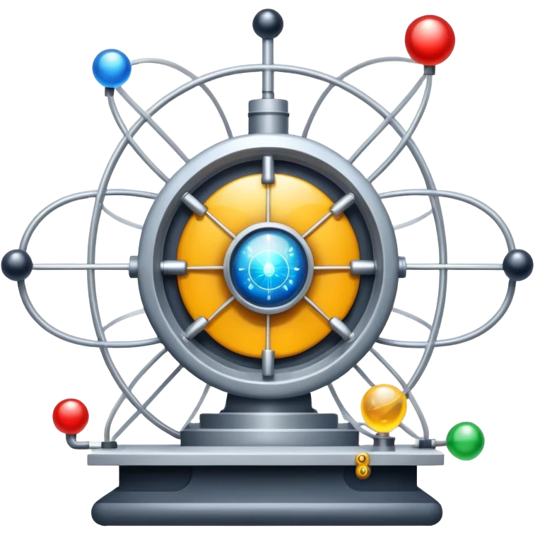 An icon featuring a large particle collider, atom symbols, and energy waves, symbolizing the field of physics. The design includes a lab setup with scientific equipment, representing experiments and fundamental forces of nature. Transparent background highlights the exploration of matter and energy. emoji