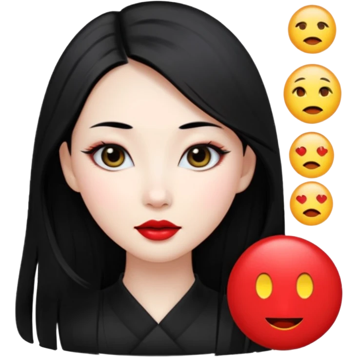 elegant young Chinese woman, long black hair, pale skin, oval face, big black eyes, red lips, emoji style emoji