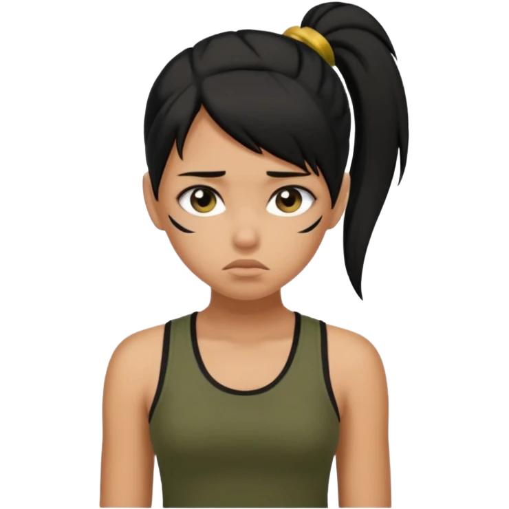 a tan girl with a black ponytail, black tank top, . Looking sad emoji