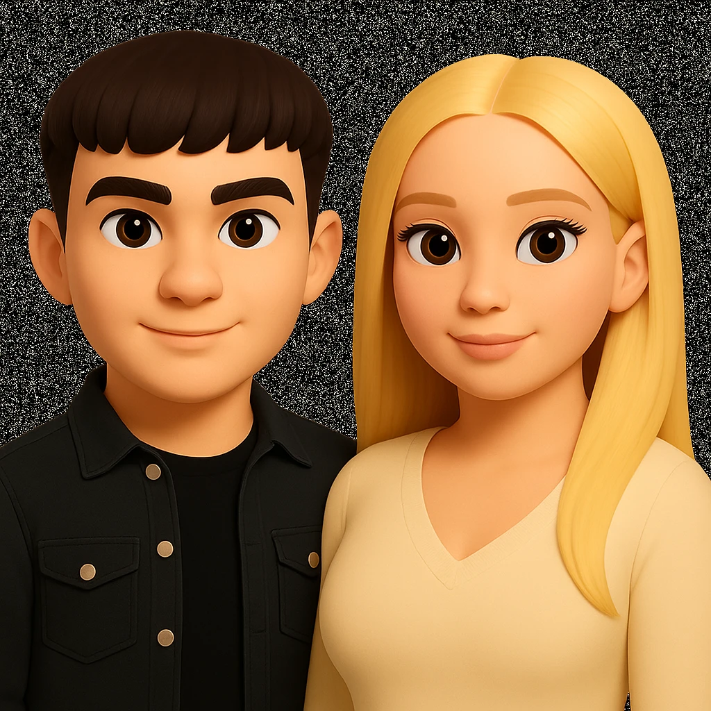 Slightly increase the volume of the upper body of the girl, slightly turn her to face forward, and make the skin color uniform. Maintain the cartoonish 3D style as in the reference image. emoji