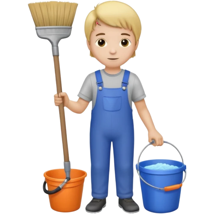 Boy in cleaning clothes, holding a broom and a bucket emoji