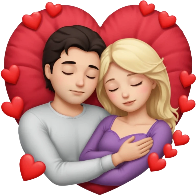 Sleeping romance couple. man has dark hair. woman is blonde. hearts around them. no third person. emoji