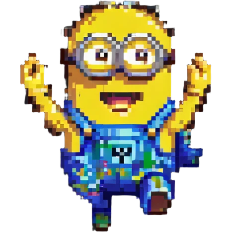 happy Minion pixel art character, jumping with joy, both arms up emoji