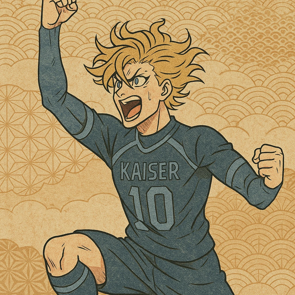 Kaiser from Blue Lock, celebrating a goal, energetic pose, anime style emoji
