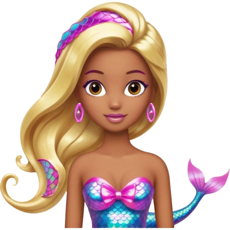 Brown skin blonde hair barbie mermaid with holographic tail and pink highlights in hair  emoji