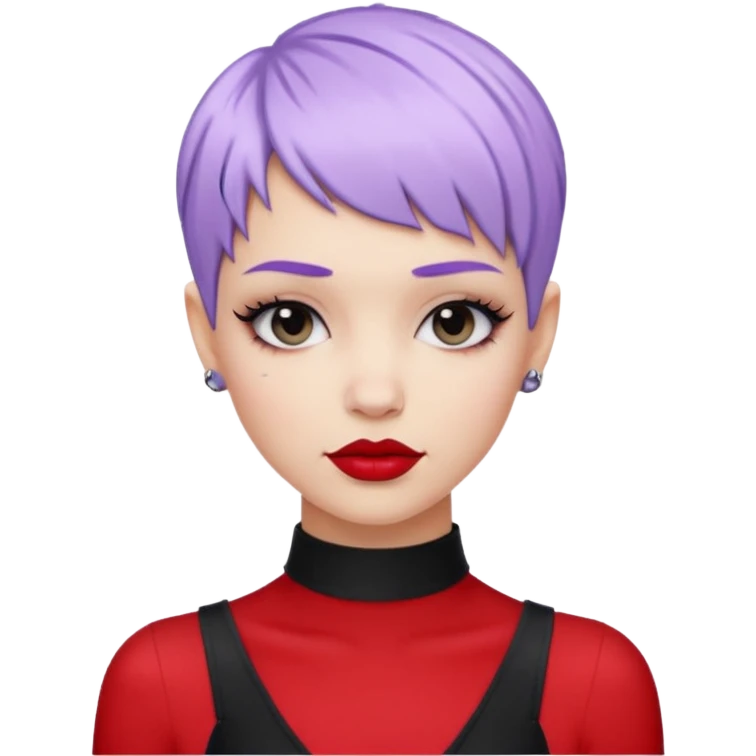 cool white girl with pastel purple pixie hair, black choker necklace, red lipstick, lip ring, raised eyebrows, smirk, fashionista style emoji