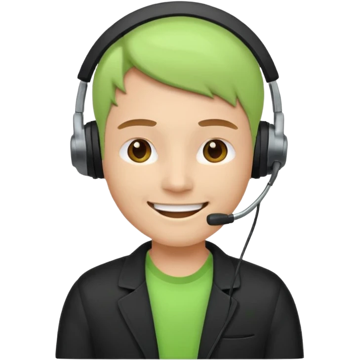 A modern flat emoji depicting a call center employee wearing a light green T-shirt and black jacket, with a headset, a friendly expression, a minimalist design, bright colors, and a white or transparent background. emoji