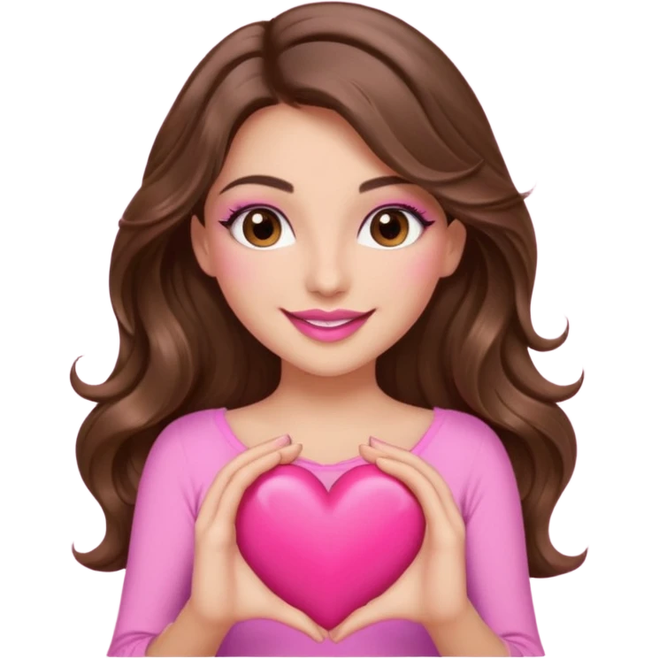 girl with long wavy brown hair, brown eyes, long lashes makeup, sexy pink lips, light to medium complexion, wearing a pink sexy top, smiling, holding a big heart with both hands emoji