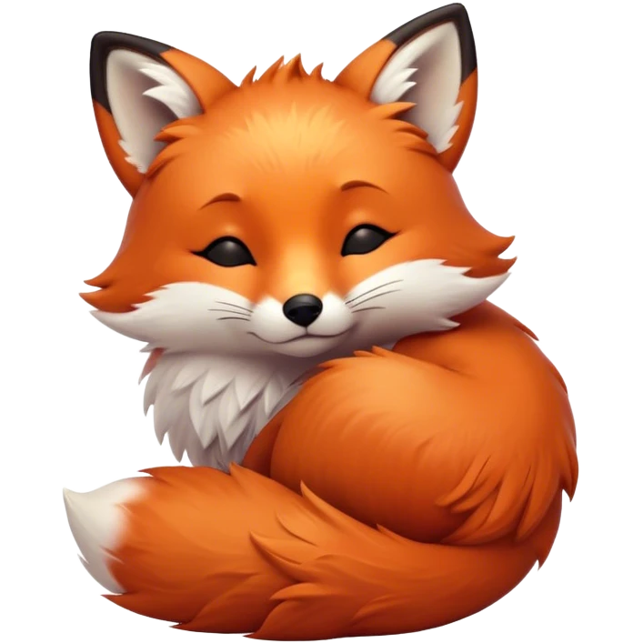 Cinematic cute sleepy fox, curled into a cozy fluffy ball, warm glowing fur, tiny black nose resting on its tail, soft breathing visible, peaceful and charming. emoji