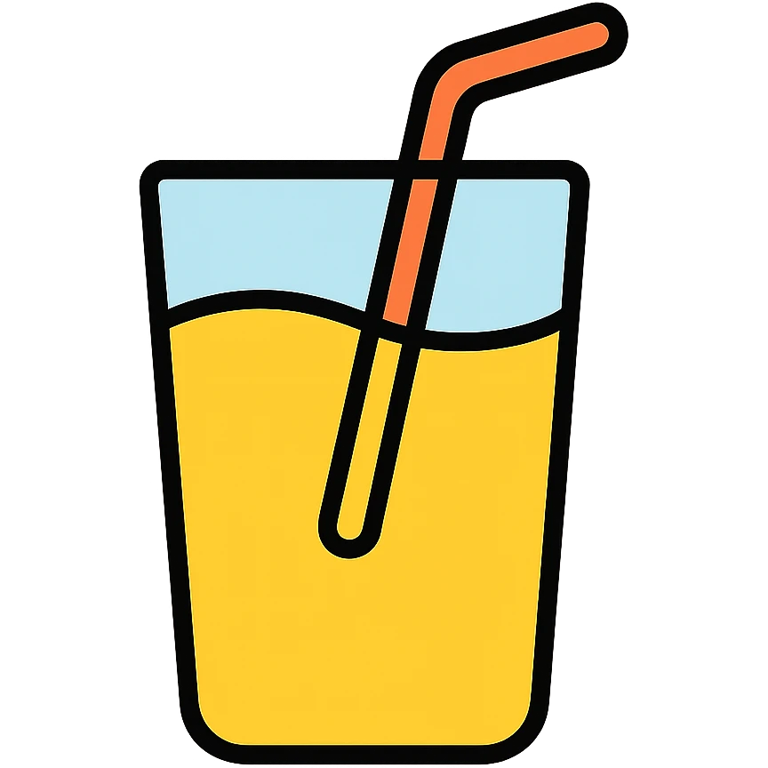 Glass of yellow juice with a straw, orange or lemonade juice in a clear glass emoji