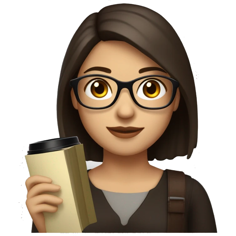 A girl with medium fair skin, short dark brown hair that reaches her shoulders, dark brown eyes, wearing rectangular glasses, smiling calmly and holding a book in her hand with a black cup of coffee emoji