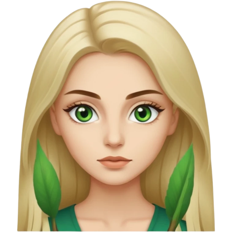 женщина с зелёными глазами, красивыми бровями, бежевыми волосами длинными, с асимметричным пробором   emoji