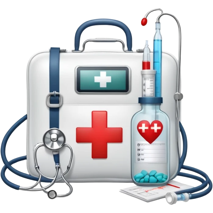An icon featuring a medical bag with a red cross, a stethoscope, and a syringe, symbolizing medicine. The design includes pills, a heart monitor, and a clipboard with patient notes, representing healthcare, diagnostics, and treatment. Transparent background highlights the science of medicine. emoji