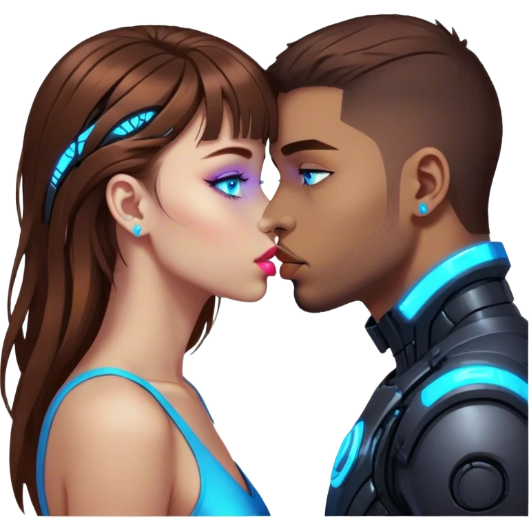 Neon cyberpunk style 
girl with brown hair and blue eyes kiss man emoji