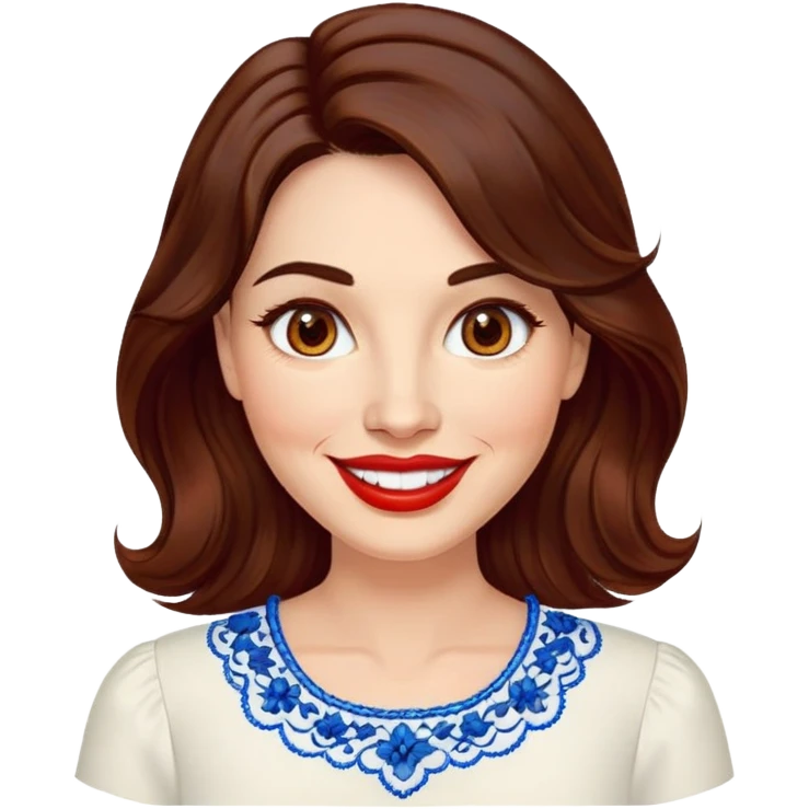 40-year-old woman with luminous fair skin, round face, wide smile, large light brown eyes, vibrant red lips, shoulder-length dark brown wavy hair, wearing white blouse with blue embroidery and electric blue neckline, mature but youthful appearance emoji