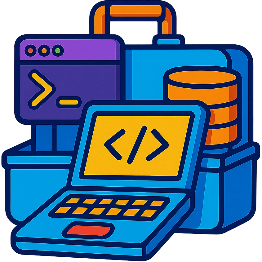 toolkit for a full-stack web developer, with a laptop, terminal window, and database icon, vibrant toon style emoji